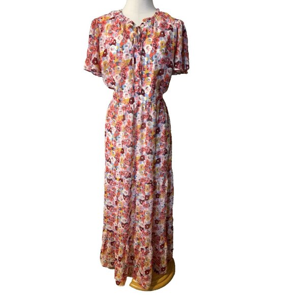 Lane Bryant Maxi Dress 14 16 Floral Short Sleeve Flowy Tiered Flutter Sleeve NEW - Picture 1 of 16